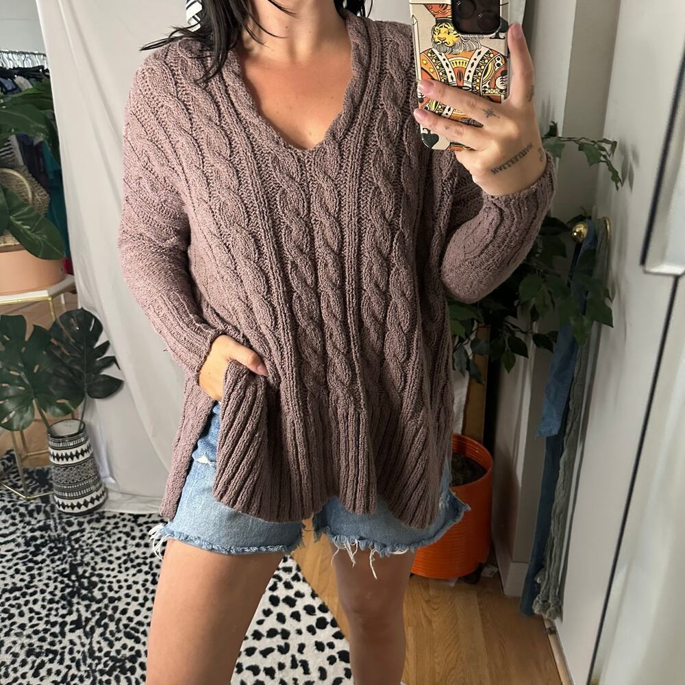 Free People Easy Cable V-Neck Sweater Mushroom Brown Size XS Cottagecore